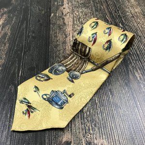 FIELD WEAR Fly Fishing Novelty Print Silk Tie Cravat USA Made Lures Poles Yellow